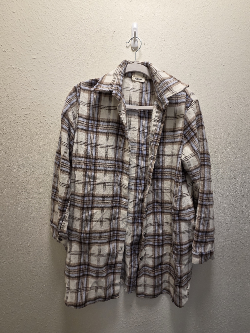 Oversized Plaid Flannel Shirt Jacket - Brown, Light Blue & Cream